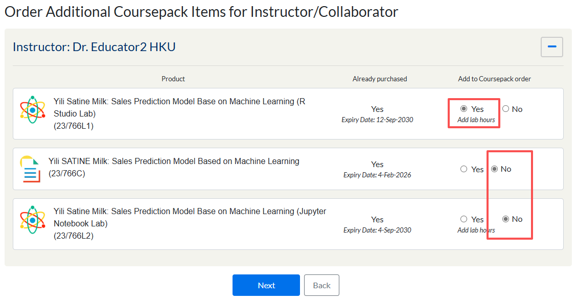 select yes for the items you want